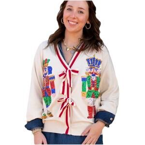 Christmas Nutcracker Cardigan Bow tie Sequined Toys Ugly Teacher Sweater Medium